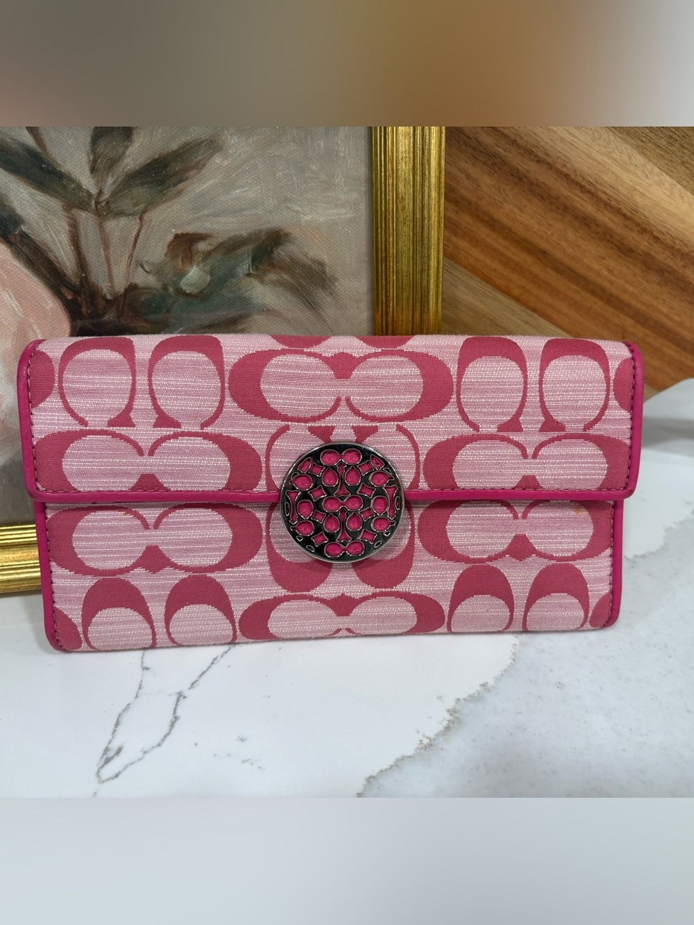 Coach Alexandra Signature slim envelope wallet in pink jacquard canvas,leather.